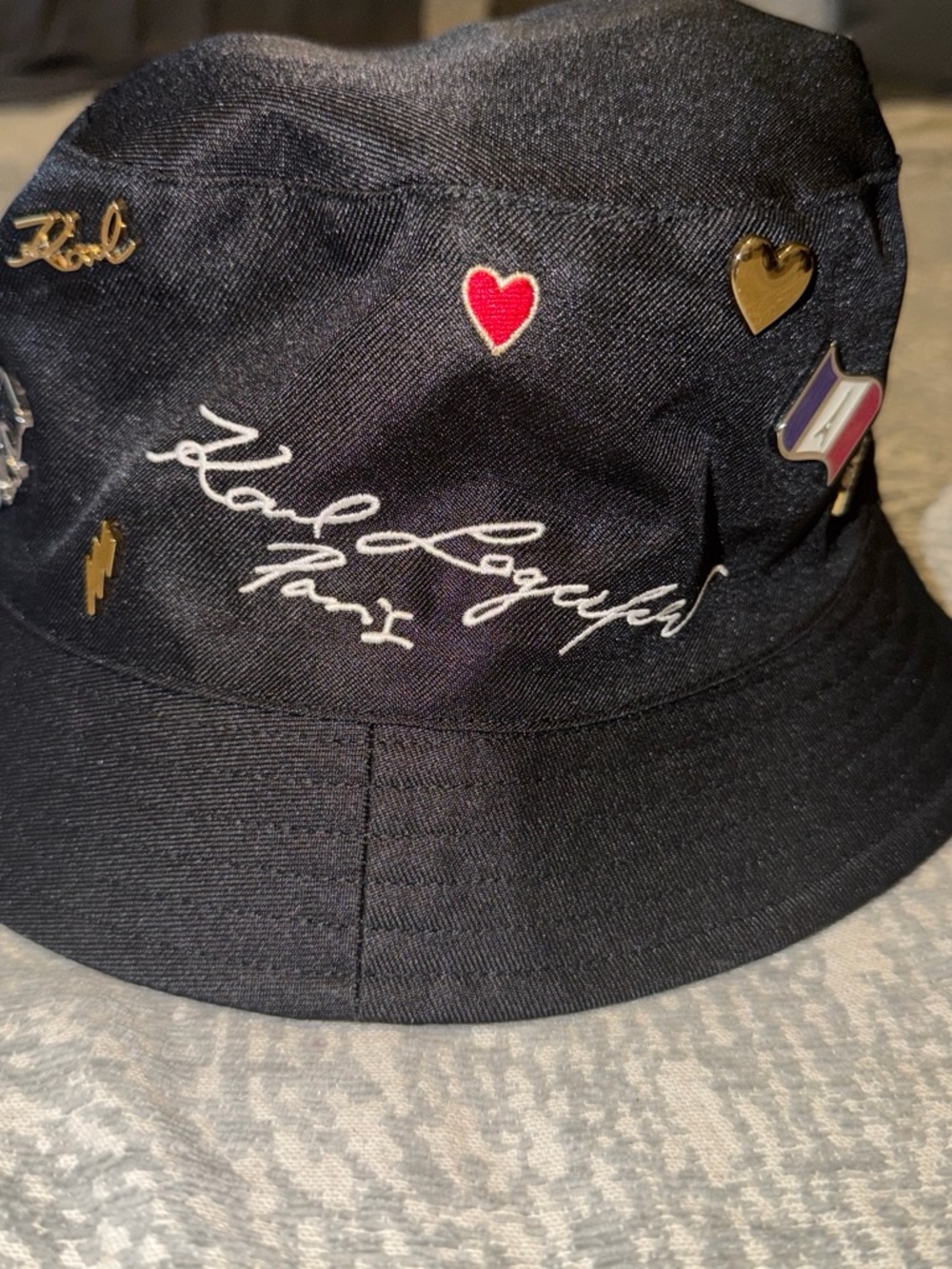 Karl Lagerfeld Kids Black Bucket Hat with Embroidered Logo and Pins